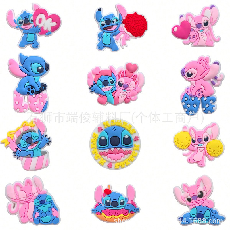 New Pink Stitch Clogs Shoe Flower Cartoon Stitch Shoe Buckle Pvc Soft Rubber Punched Keychain in Stock
