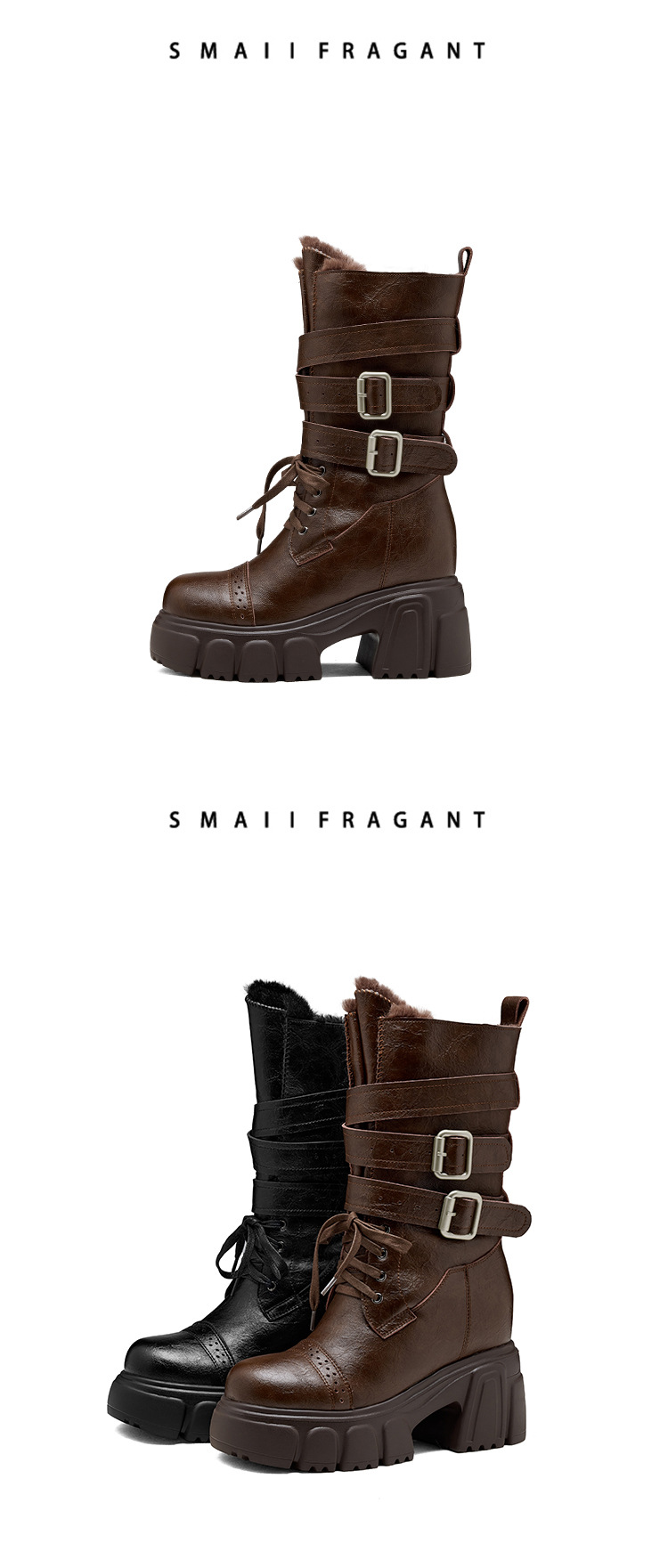 Boot cổ trung nữ gót vuông 10cm phong cách biker khóa thắt lưng — nhung nâu chi tiết 9