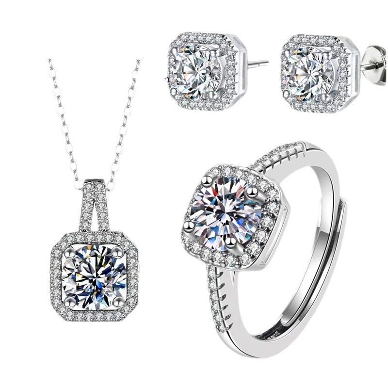 Joyería caliente vivo tres piezas princesa bolsa cuadrada anillo collar pendientes ZIRCON traje moda temperamento clavícula cadena