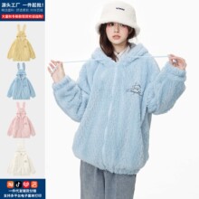 2025冬季美式毛茸茸可爱兔耳朵羊羔绒上衣加棉休闲连帽毛呢外套女