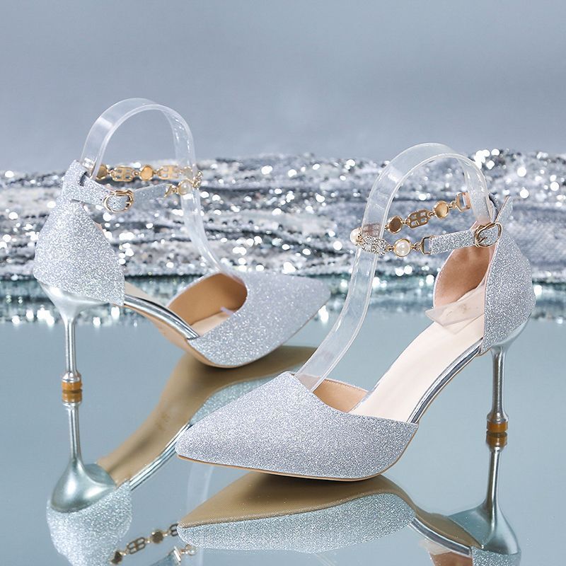2024 Summer New Wedding Shoes Stiletto Heel Temperament Goddess Style Women's Shoes silver High Heels Design Niche Sandals