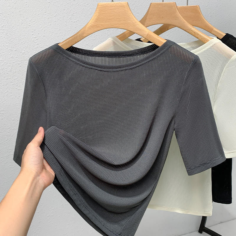 Camiseta de mediados de manga de las mujeres 2023 nuevas mujeres europeas elegante fuera del hombro de malla de color sólido de la cintura-apretado tramo superior image 6