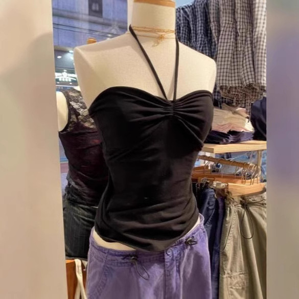 BM Style Black Pleated Lace-up Neck Wearing Small Camisole Women's Hot Girl Style Bm Base Tube Top