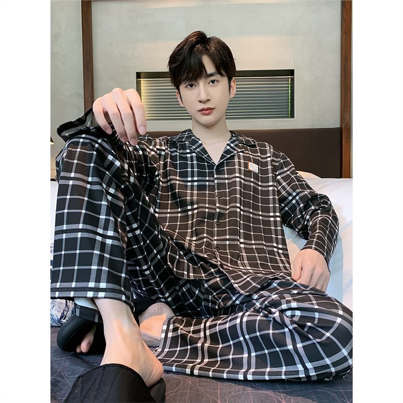 100% pijamas de los hombres de algodón de Primavera y Otoño de manga larga 2023 nuevo estilo de la Rebeca A Cuadros de desgaste del hogar otoño y invierno