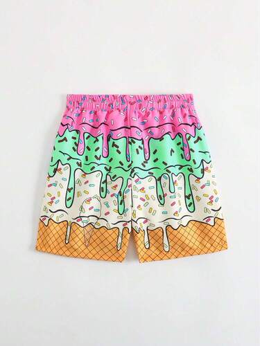 Boy's Tropical Fashion Shorts, Leisure Beach Vacation Cartoon Print Shorts, Suitable for Outdoors