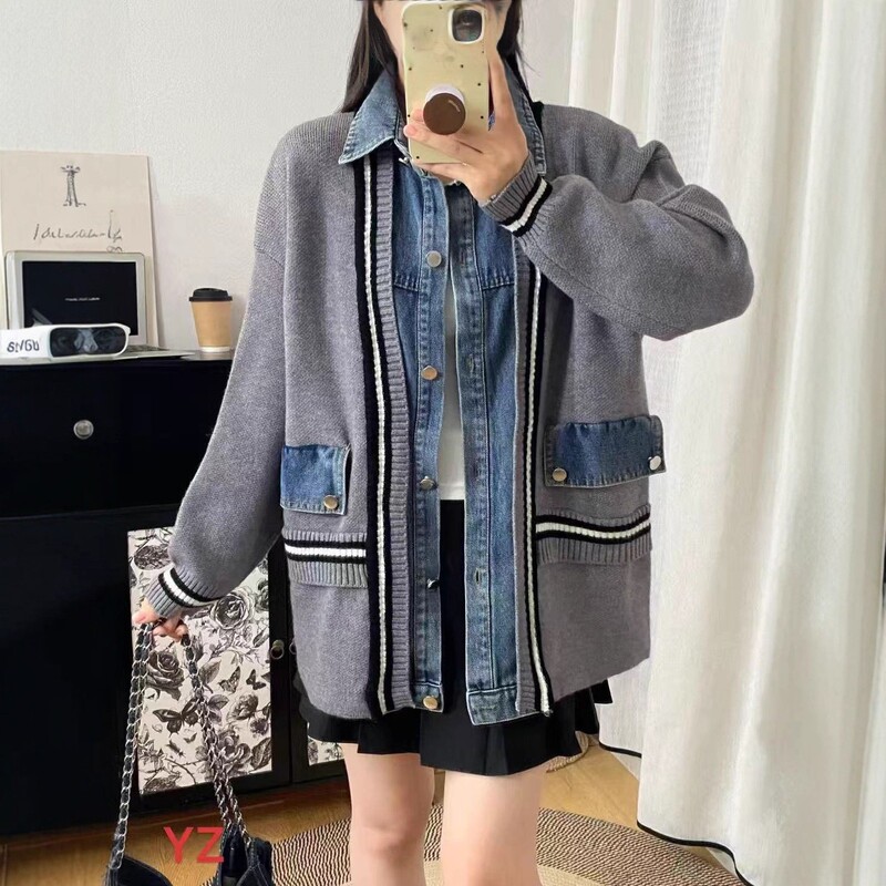 European Style Plus-Size Denim Patchwork Sweater Cardigan Women's Autumn and Winter New Casual Loose Knitwear Trendy