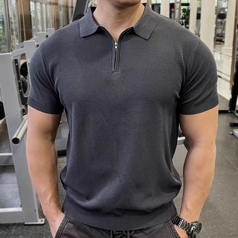Verano nuevo estilo suéter de manga corta hombres semi-cremallera negocios delgado POLO camisa solapa camiseta comercio exterior transfronterizo al por mayor