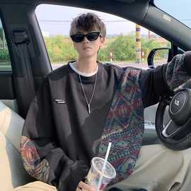 胖子加肥大码民族风拼接卫衣大码上衣圆领小众设计感复古长袖外套