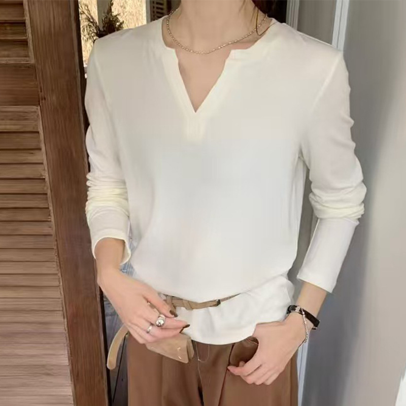 v领德绒羊毛打底上衣女2025年秋季新款纯色修身内搭高级感长袖T恤|undefined