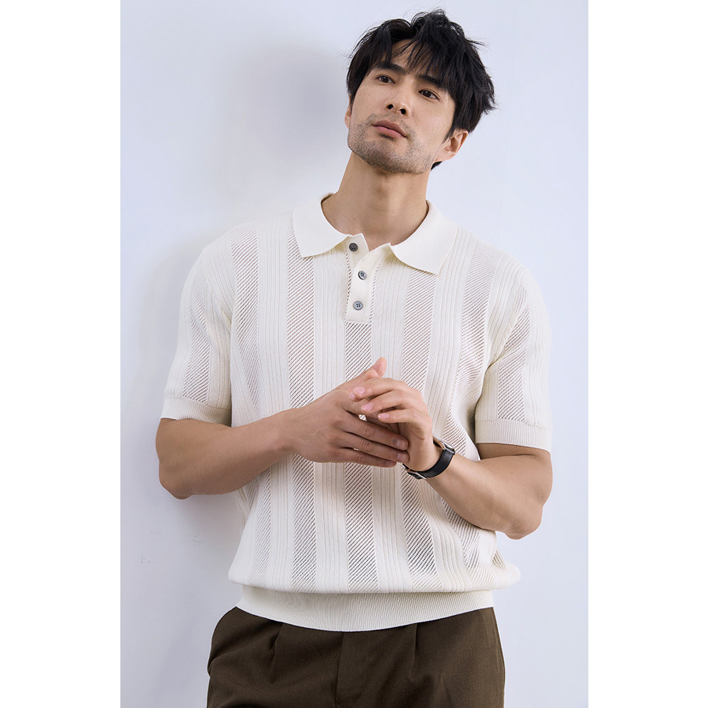 Polo camiseta de punto camiseta de manga corta hombre solapa rayas huecas viejas camisetas de negocios de verano fábrica transfronteriza al por mayor