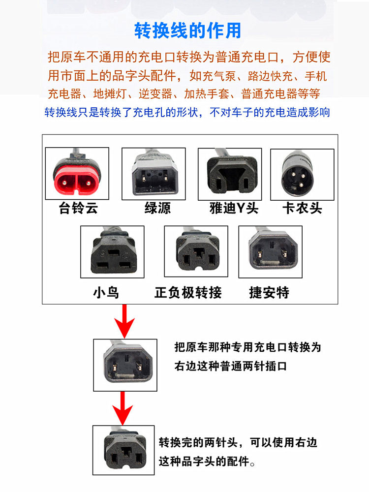 适用雅迪台铃绿源爱玛电动车充电器转换线电瓶车充电转换插头通用