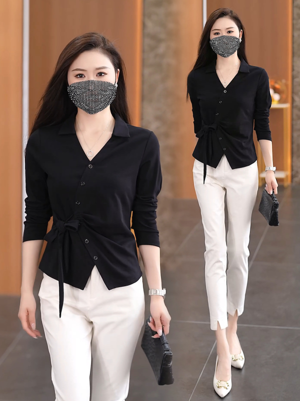 时尚洋气V领T恤女2025早秋新款设计感小众宽松显瘦百搭打底衫上衣|undefined