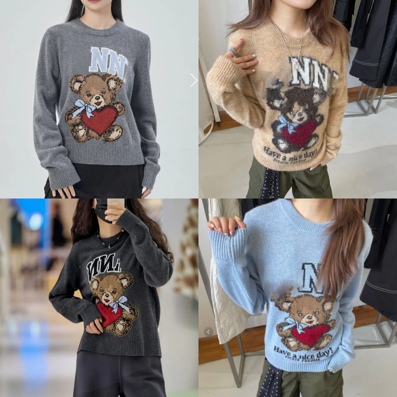 Real Wool! 25 Early Autumn Style Hidden Letter Bear Pattern Round Neck Wool Mohair Knitwear Knitwear Top