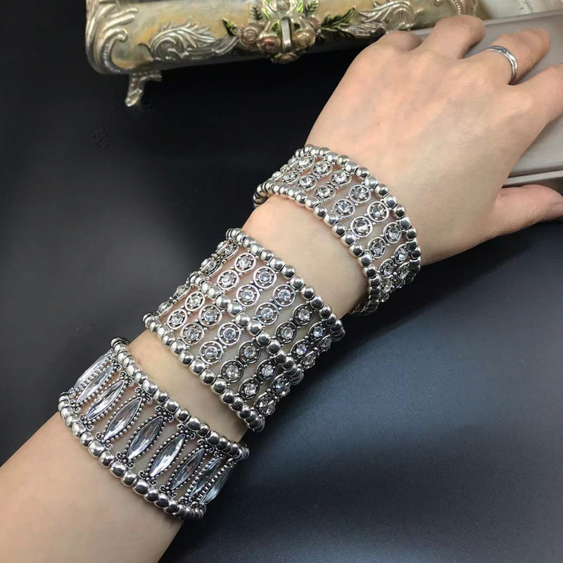 Women's Vintage Bracelet with Rhinestones, Elastic Wide Bracelet, Factory Price Wholesale, Artistic Retro Style