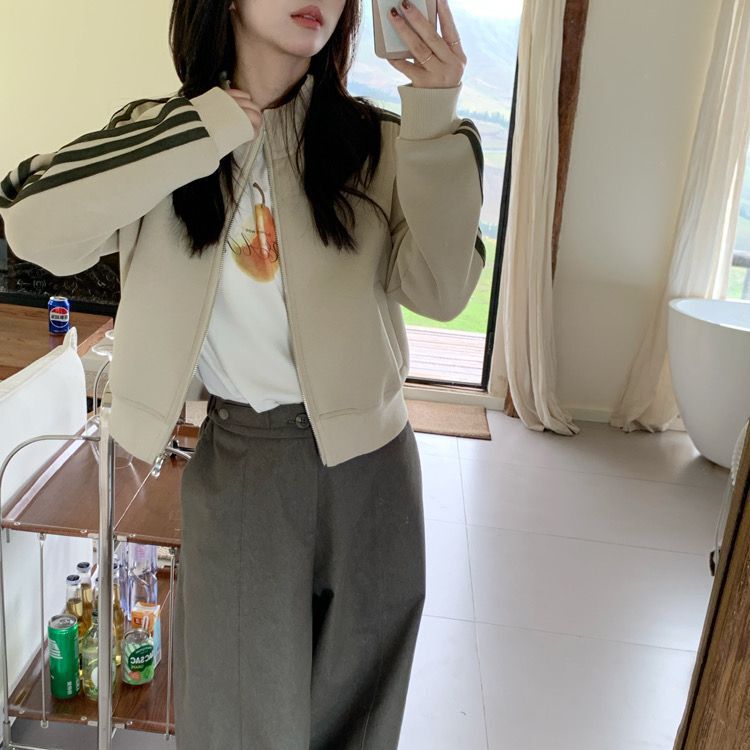 American Retro Stand-Up Collar Sweatshirt Jacket for Women 2025 New Autumn and Winter Short Zipper Jacket Top for Small People