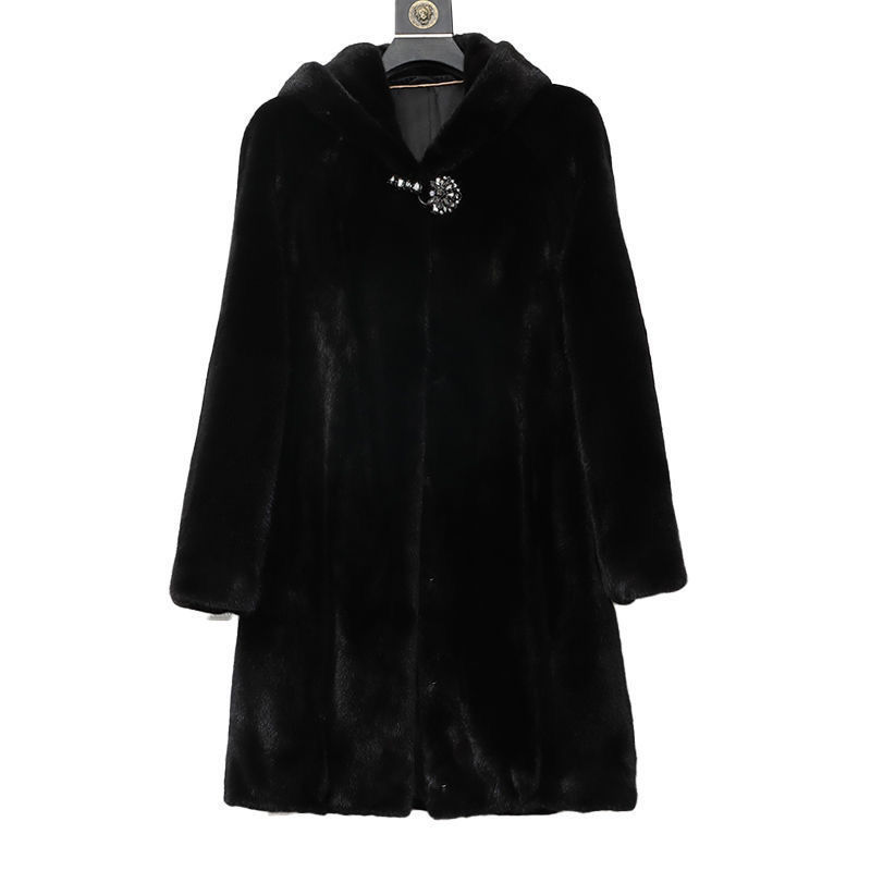 Damenmantel aus mittellangem Kunstpelz mit Samtjacke und Mütze_voghion.com