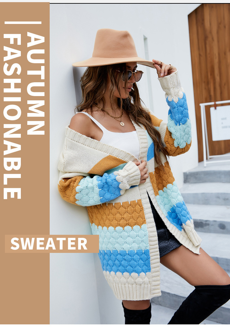 European and American Casual Contrast Color Sweater Coat Women's 2022 New Loose Mid-length Top Autumn and Winter Outer Knitted Cardigan_voghion.com