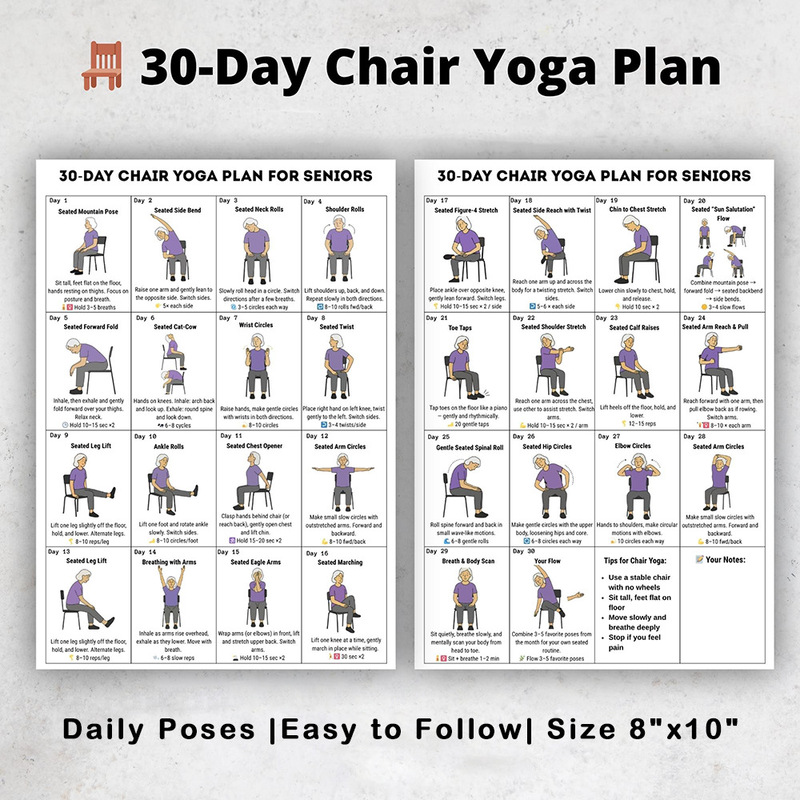 30-Day Chair Yoga Exercise Plan for the Elderly, Home Exercise Guide, Stretching Action Poster Set of 2