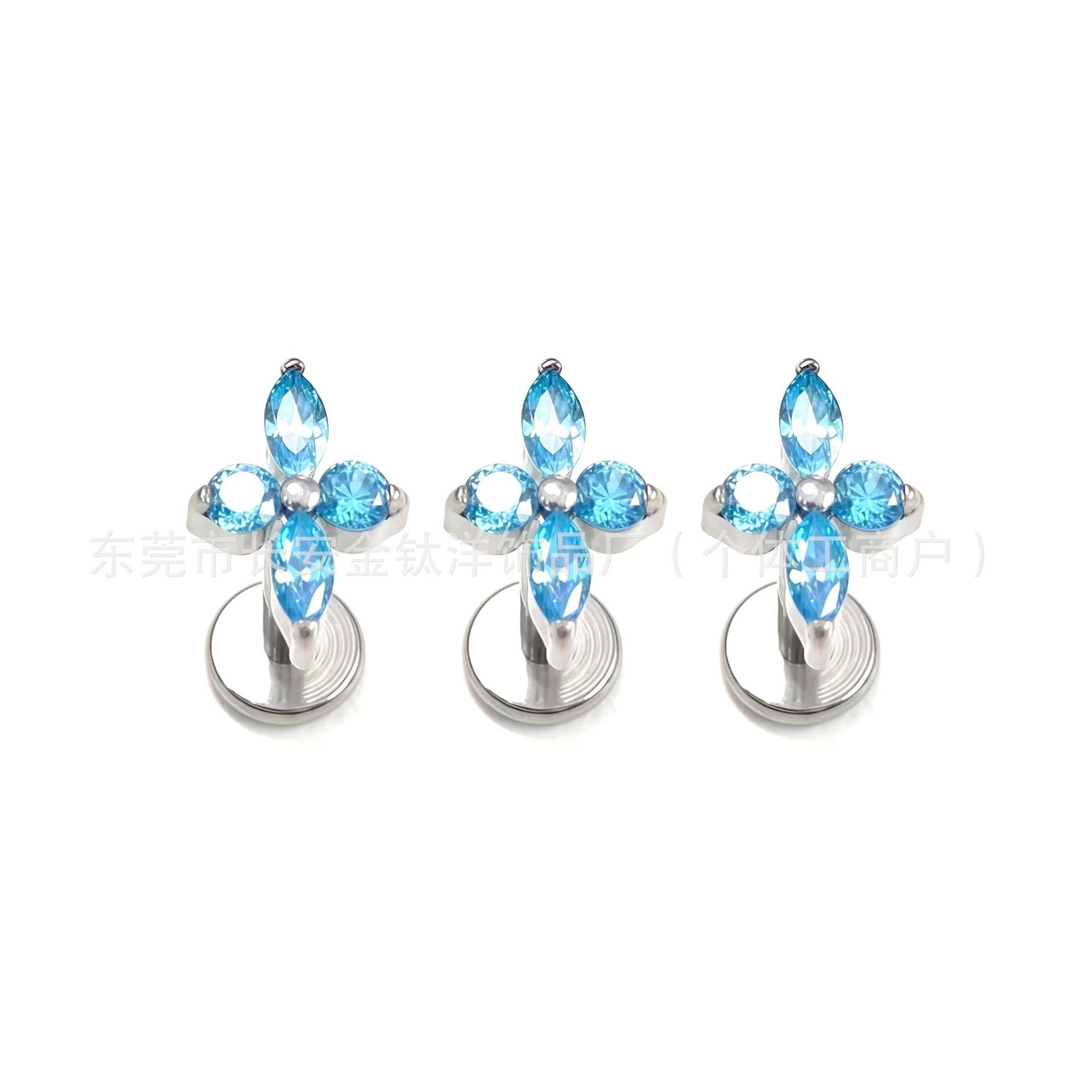 F136 Titanium Cross Four-Leaf Clover 5A Zircon Earrings Labret Studs G23 Titanium Piercing Jewelry detail image 7