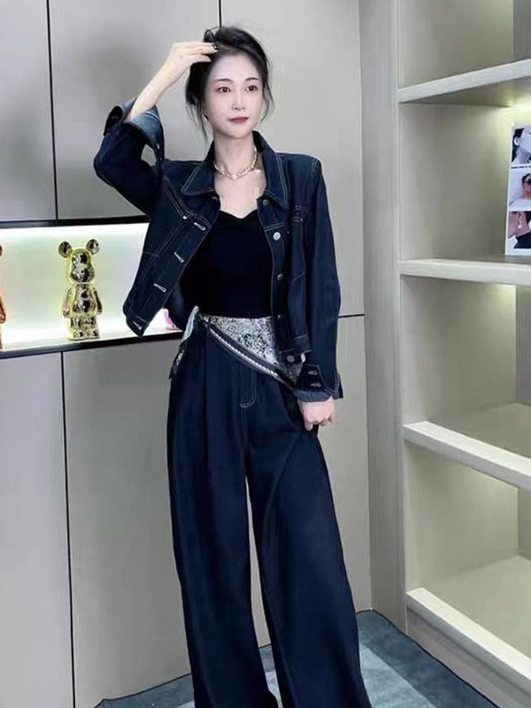 复古港风牛仔套装2025时尚休闲秋季长裤新款外套阔腿裤两件套通勤|undefined