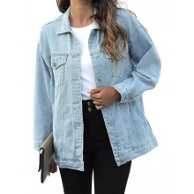 跨境亚马逊速卖通新款纯色牛仔外套女欧美夹克翻领纽扣长袖牛仔衣