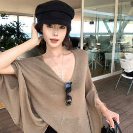 薄款微透v领长袖t恤女夏季宽松外穿空调衫薄纱防晒罩衫纯欲风上衣