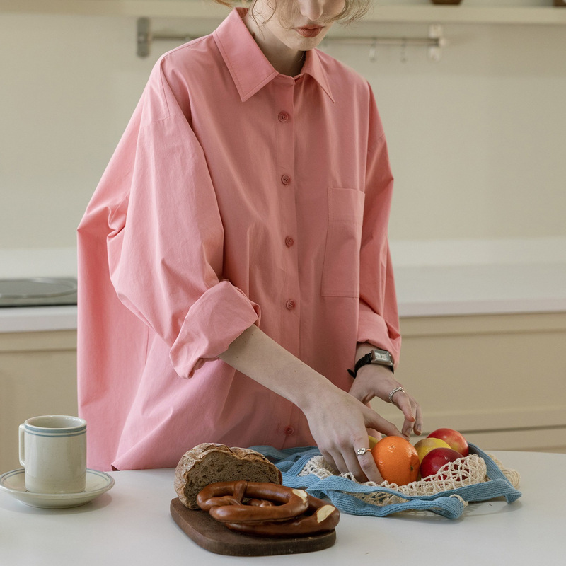 2026 Spring New Style Lazy and Comfortable Loose Cotton Long-Sleeved Pink Shirt for Women with a Niche Design