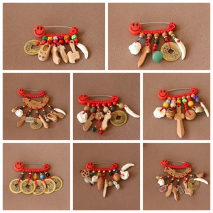 Peach wood pendant baby safety pin pendant black dog tooth pig bone accessories with beads peach wood sword axe wholesale