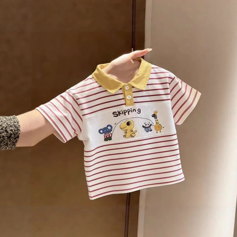 2026 Summer New Pure Cotton Korean Style Striped Polo Shirt T-Shirt for Boys and Girls with Cute Cartoon Patchwork and Turn-Down Collar 2026 Summer New Pure Cotton Korean Style Striped Polo Shirt T-Shirt for Boys and Girls with Cute Cartoon Patchwork and Turn-Down Collar