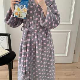 加绒加厚灰底粉色波点V领系带长款浴袍睡袍女秋冬甜美家居服批发