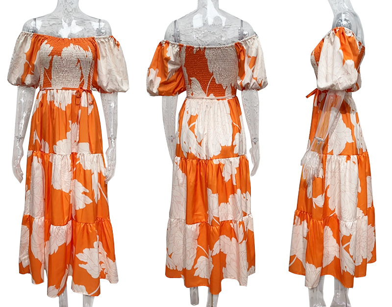 266g Weight Maxi Long Dress Dress Length Type Short Sleeve Sleeve Length Swing Dress Dresses Type Puff Sleeve Sleeve Type Polyester Fabric Type High Waist Waist Line Holiday, Daily Occasion Off Shoulder Neckline Slim Fit Type Flower Pattern Spring Season Women's Gender Printing Design Elegant, Pastoral Style Wholesale Women's Elegant Pastoral Printing Flower Holiday Daily Off Shoulder Short Sleeve Swing Dress 3