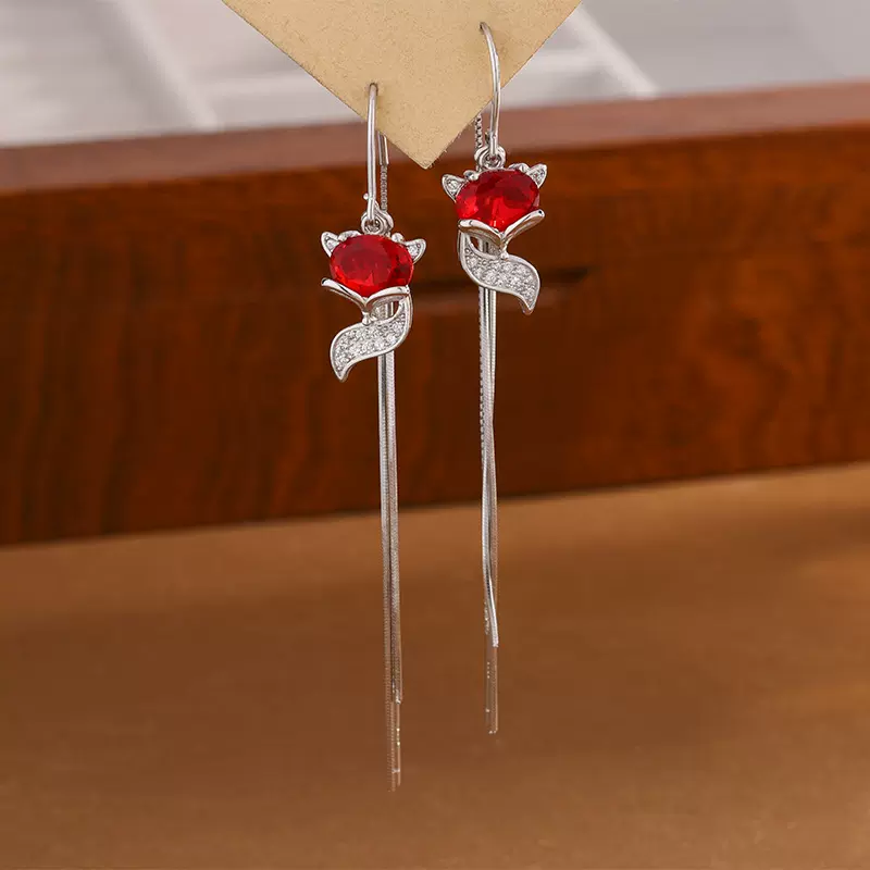 S925纯银耳线韩国气质小狐狸耳环女狐时尚网红轻奢长款流苏耳饰潮