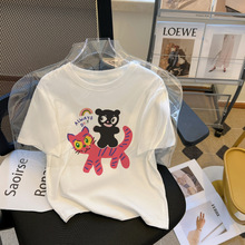 实拍 韩版短袖T恤女纯棉2024年夏季新款设计感卡通修身学院风上衣