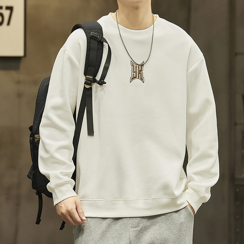 Heavyweight crew neck sweatshirt for men, suitable for spring and autumn, oversized, American style, trendy brand, loose long sleeve T-shirt, student outerwear.