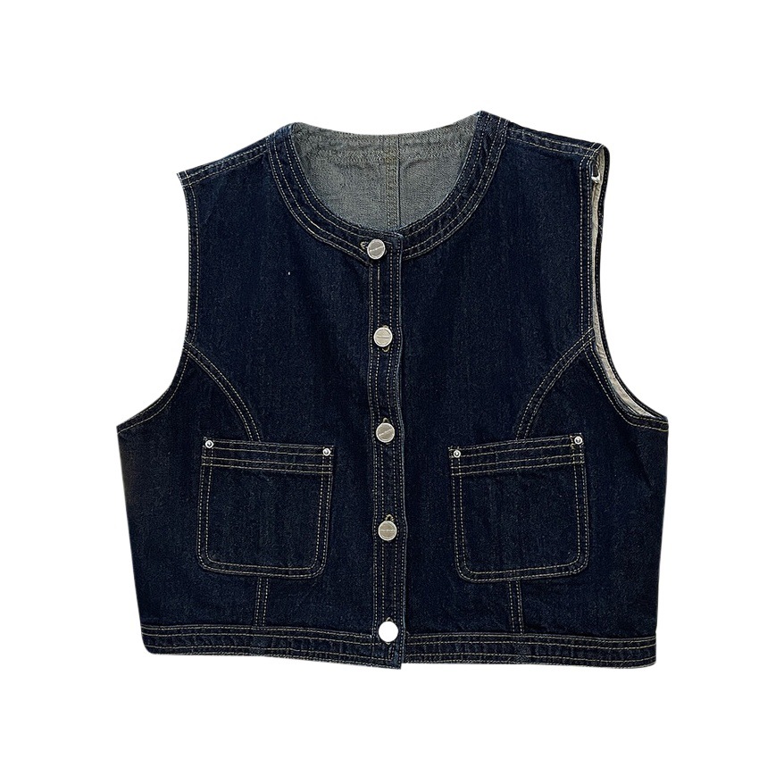 Lufu otoño nueva moda artística retro original vaca estilo sin cuello Denim chaleco cintura alta corto sin mangas chaleco para las mujeres image 1