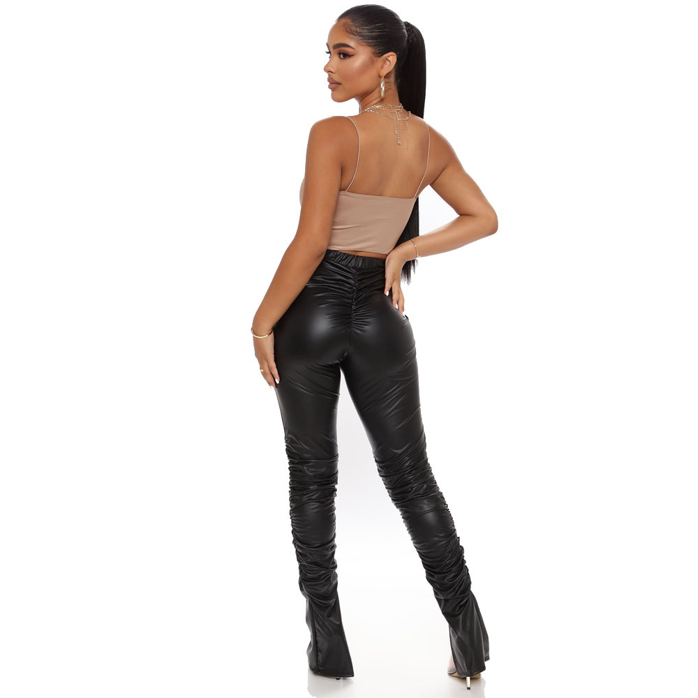 elastic tight slit solid color PU leather pants NSDLY118614