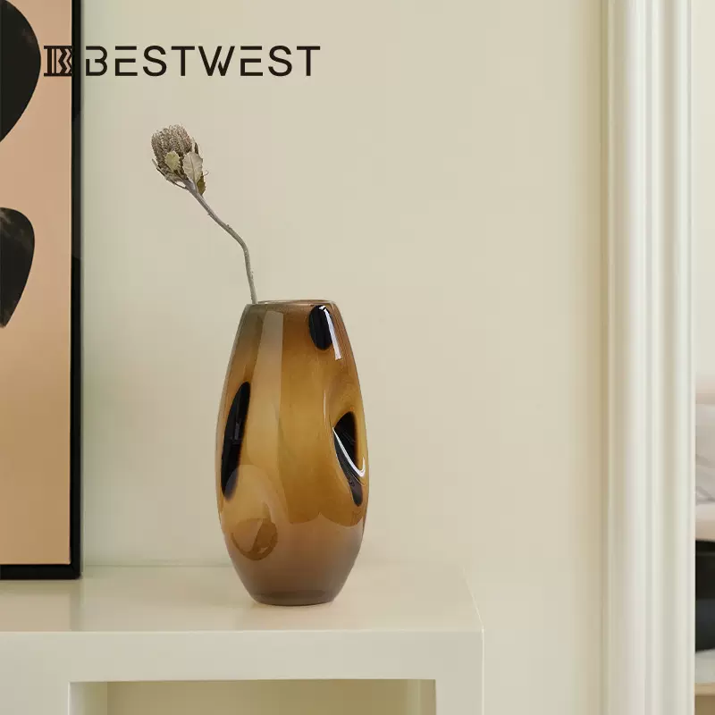 博西家居 中古棕黑色波点椭圆形玻璃花瓶家居设软装饰品水培花器