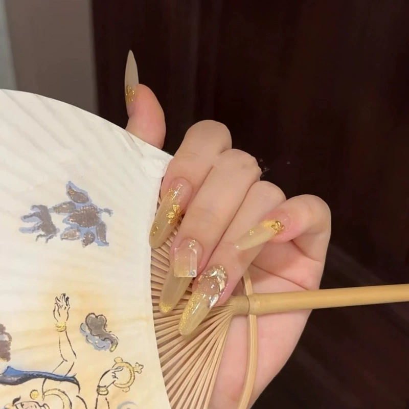 Носимые ногти, девчачий золотой кошачий глаз ручной работы с градиентом, нежный элегантный, отбеливающий и золотые цветы, съемные.