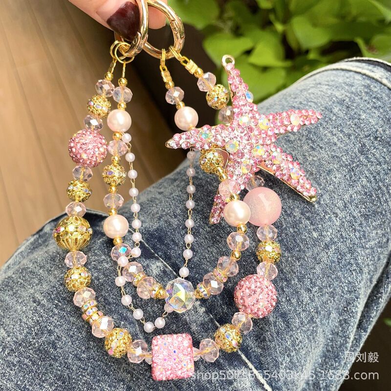 Luxury Pink Diamond Starfish Beaded Phone Chain with Crystal and Pearl Charms, Anti-Loss Wrist Chain for Girls