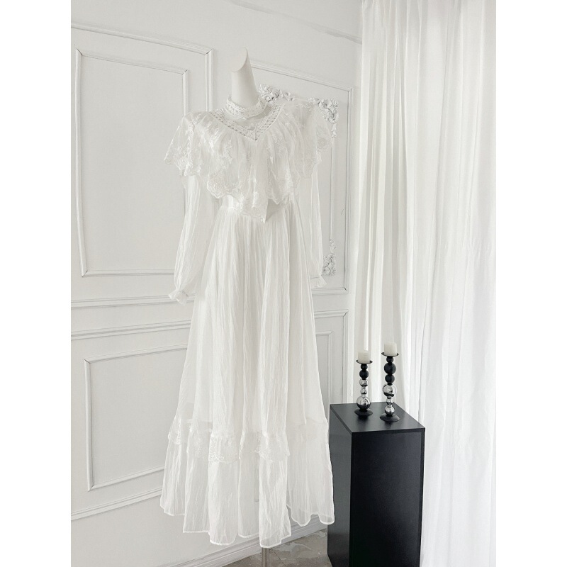 Real Shot Heavy Industry White Fairy Elegant Lace Stitching Large Swing dress Long Sleeve Antique Bridesmaid Dress Long Skirt