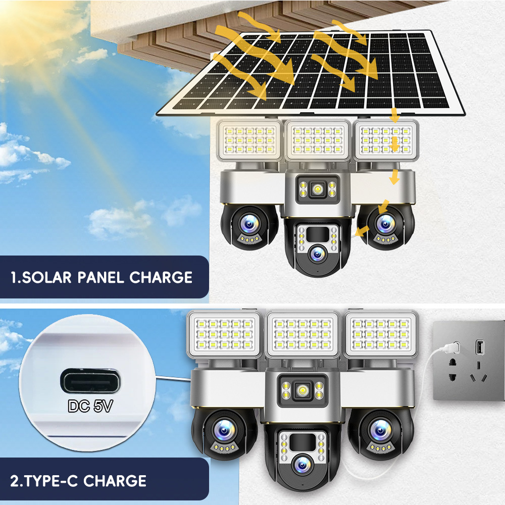 高清探头多人观看室外太阳能低功耗三镜头三画面监控真三镜头三画