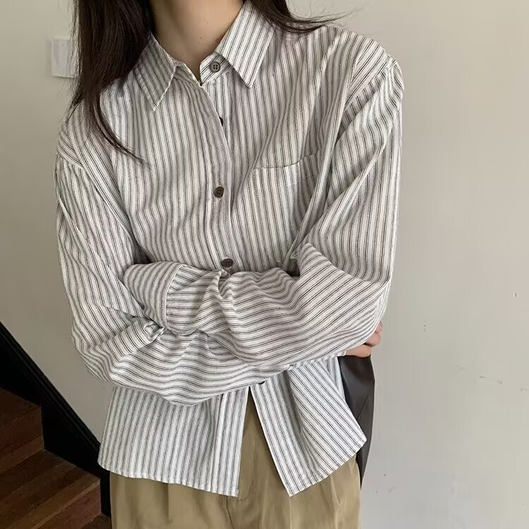 2025秋季新款日系文艺条纹衬衣女长袖复古简约宽松百搭叠穿衬衫|undefined