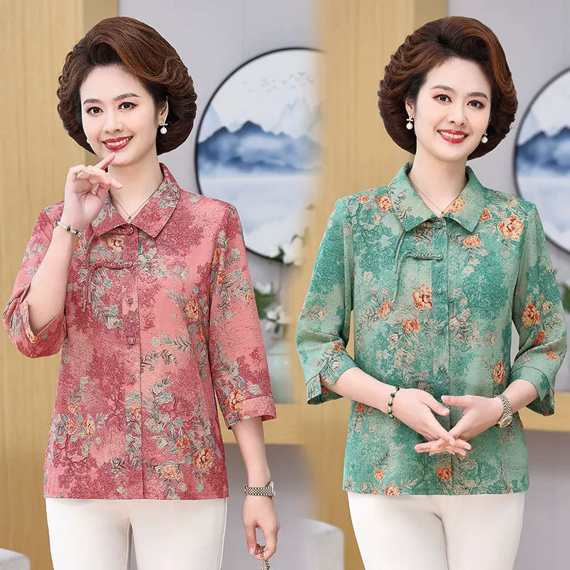 Летняя рубашка в китайском стиле для мам среднего возраста, новинка 2024 года, топ, женский костюм с короткими рукавами для женщин среднего и пожилого возраста