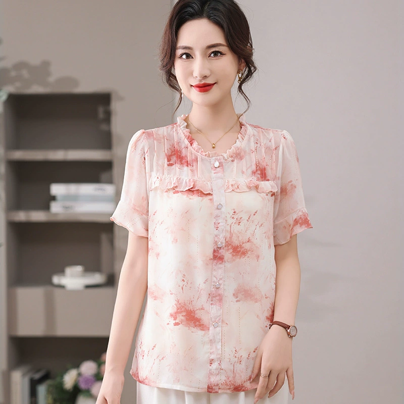 Летние топы с коротким рукавом и кружевным воротником для женщин среднего и старшего возраста, шифоновые рубашки, новый стиль 2025 года