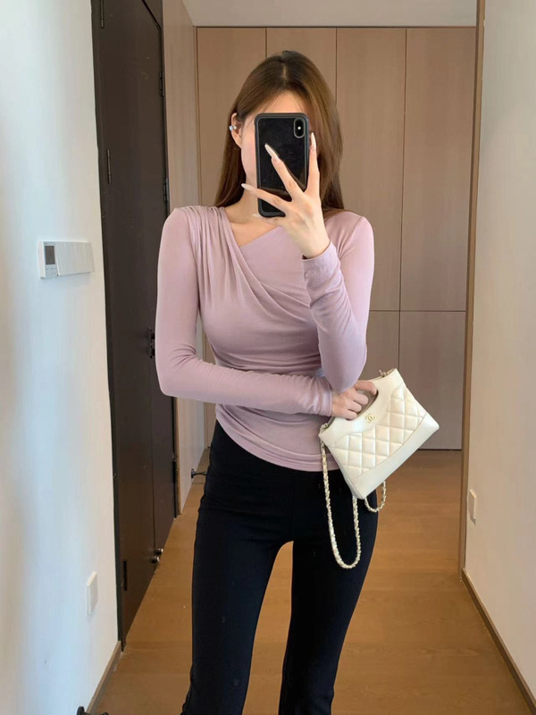 浪漫迷人天丝轻薄细腻顺滑修身显瘦立体捏褶荡褶长袖上衣女秋新25|undefined
