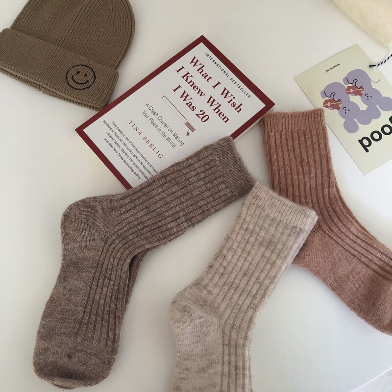 nayean Nanye Socks Autumn and Winter Thickened Wool Pit Striped Oat Cafe Beige Soft Waxy Fluffy Cashmere Women's Socks