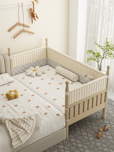 Solid Wood Children's Bed with High Guardrail, Baby Princess Bedside Bed, Widened Side Crib, Spliced ​​Large Bed, Liftable