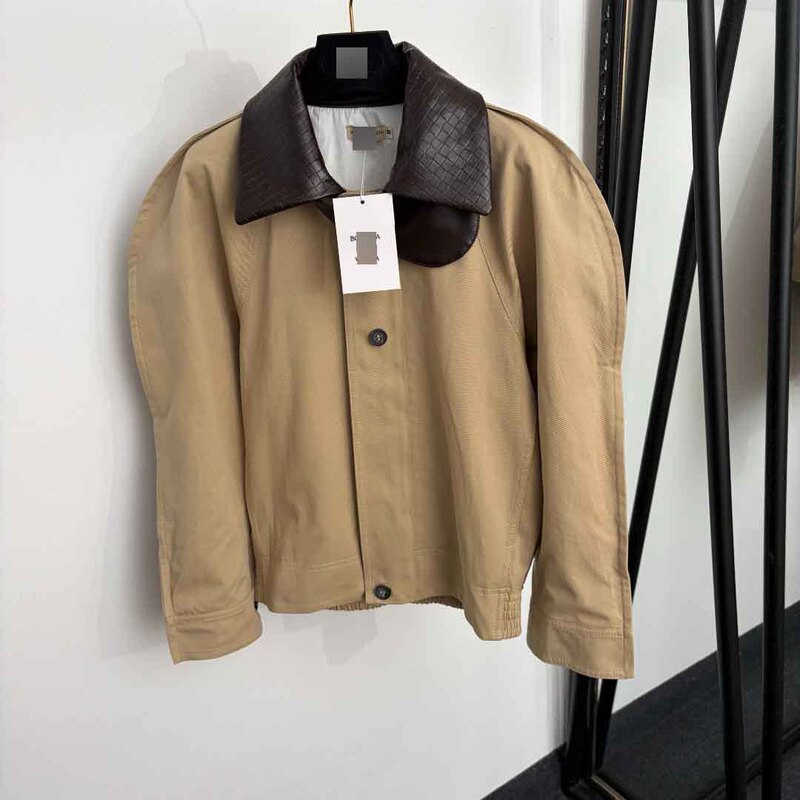 Nanyou High-End Foreign Trade Style Slim-Fit Bv New Model Plaid Woven Patchwork Pu Leather Lapel Long-Sleeve Jacket Coat