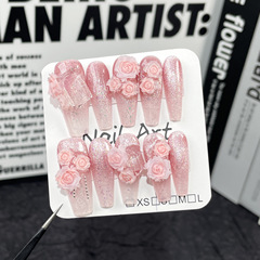 手工穿戴甲貓眼仿真雕花甜美爆閃長款美甲貼片堆鑽穿戴式指甲