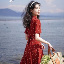 2024新款法式收腰高级感气质红色茶歇连衣裙女夏港味复古chic裙子